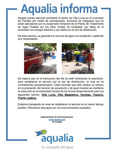 Aqualia garantiza el suministro de agua potable por medio de carrotanque para el sector de Villa Lucia en el municipio de Flandes